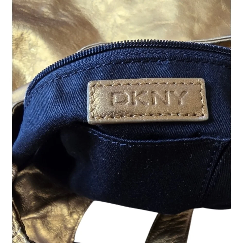 DKNY Gold Metallic Hobo Shoulder Bag Ruched Style Handbag Y2K